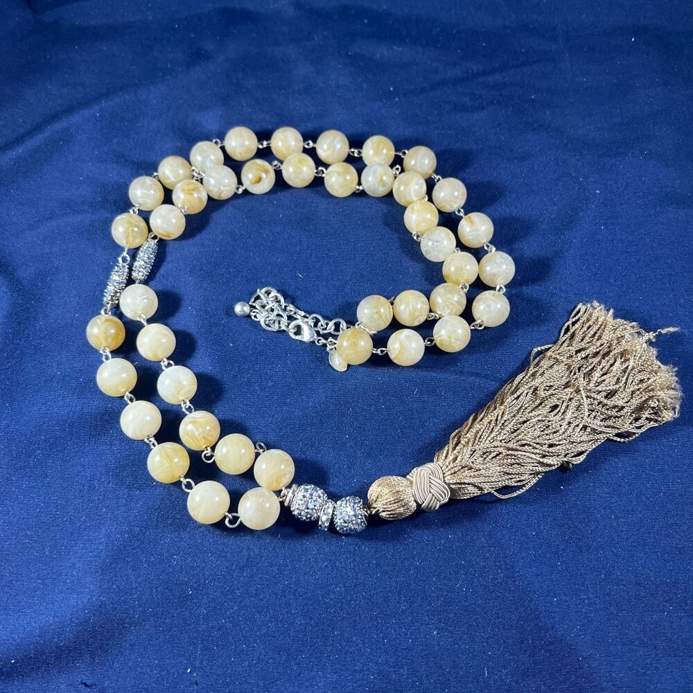 Chicos Long Beaded Necklace With Yellow Beads & Gold Tassel Accent Lobster Clasp